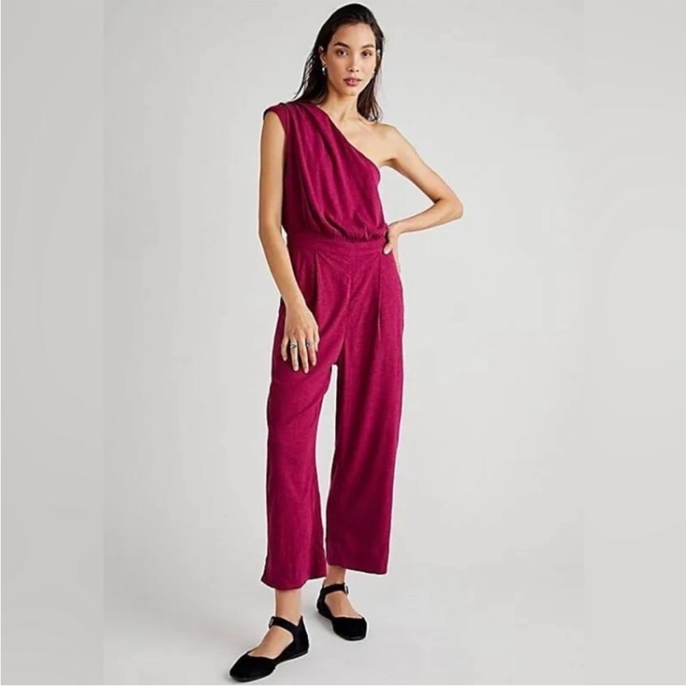 Women FREE PEOPLE NWOT Avery Rayon Jumpsuit One Shoulder Wide Leg Pocket-S, 4